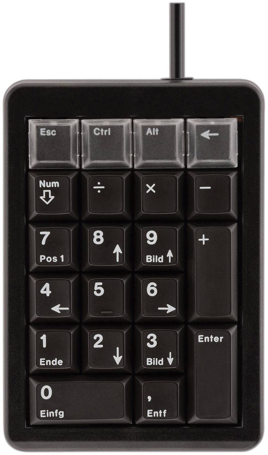 Externe schwarze numerische Tastatur mit 21 Tasten, darunter Zahlen, Steuerungstasten und Funktionstasten wie 'Num', 'Enter'.