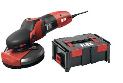 Eine schwarze und rote elektrische Schleifmaschine neben einem schwarzen Werkzeugkasten, beide mit dem Logo 'FLEX'.