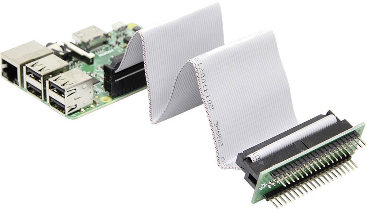 Ein Raspberry Pi mit angeschlossenem Flachbandkabel und Adapterplatine, die zusätzliche Pins für erweiterte Verbindungen bietet.