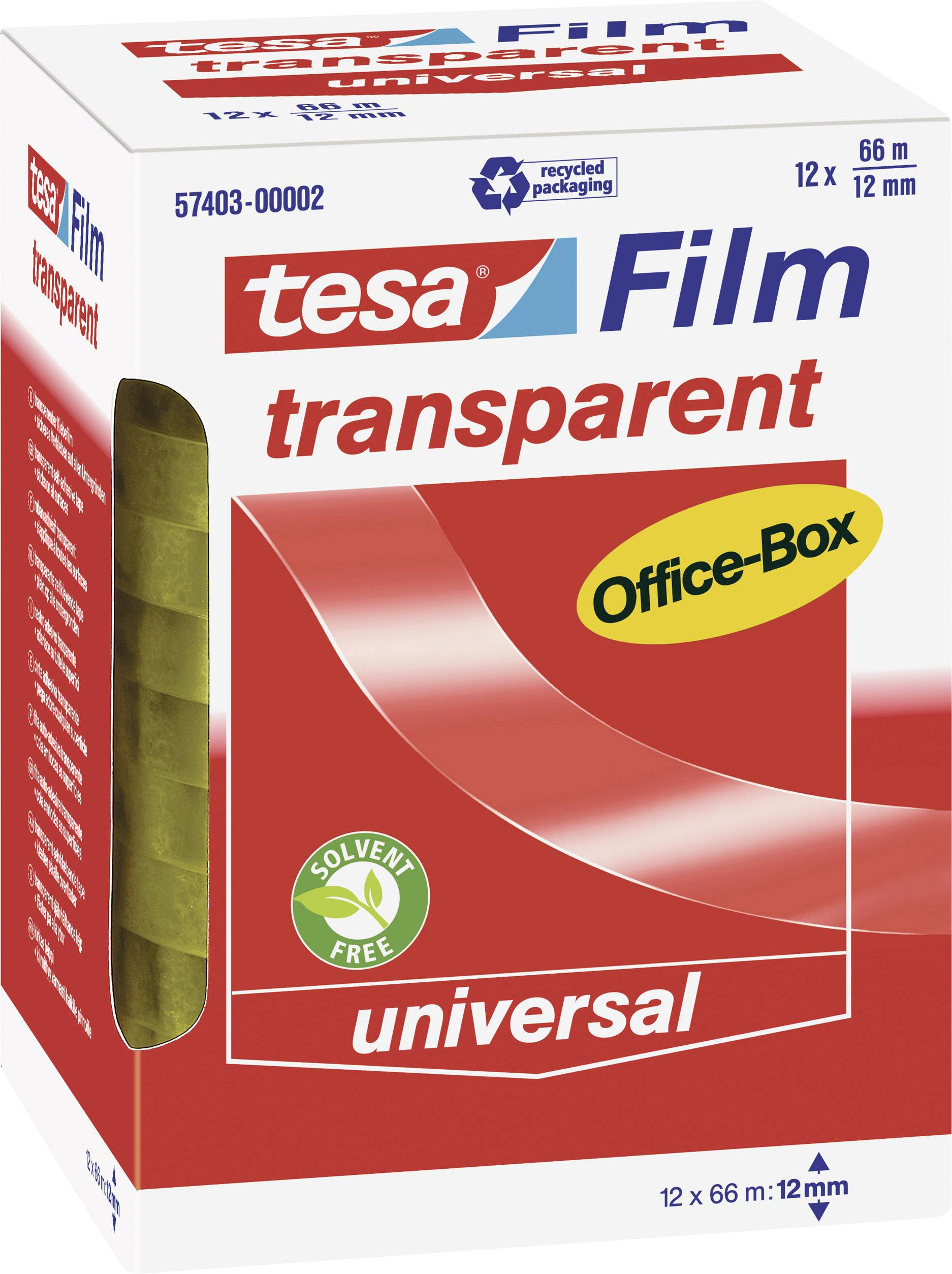 Verpackung einer Tesa-Filmrolle. Aufschrift 'transparent', 'universal', 'Office-Box', 'lösemittelfrei'. Rolle in Karton sichtbar.