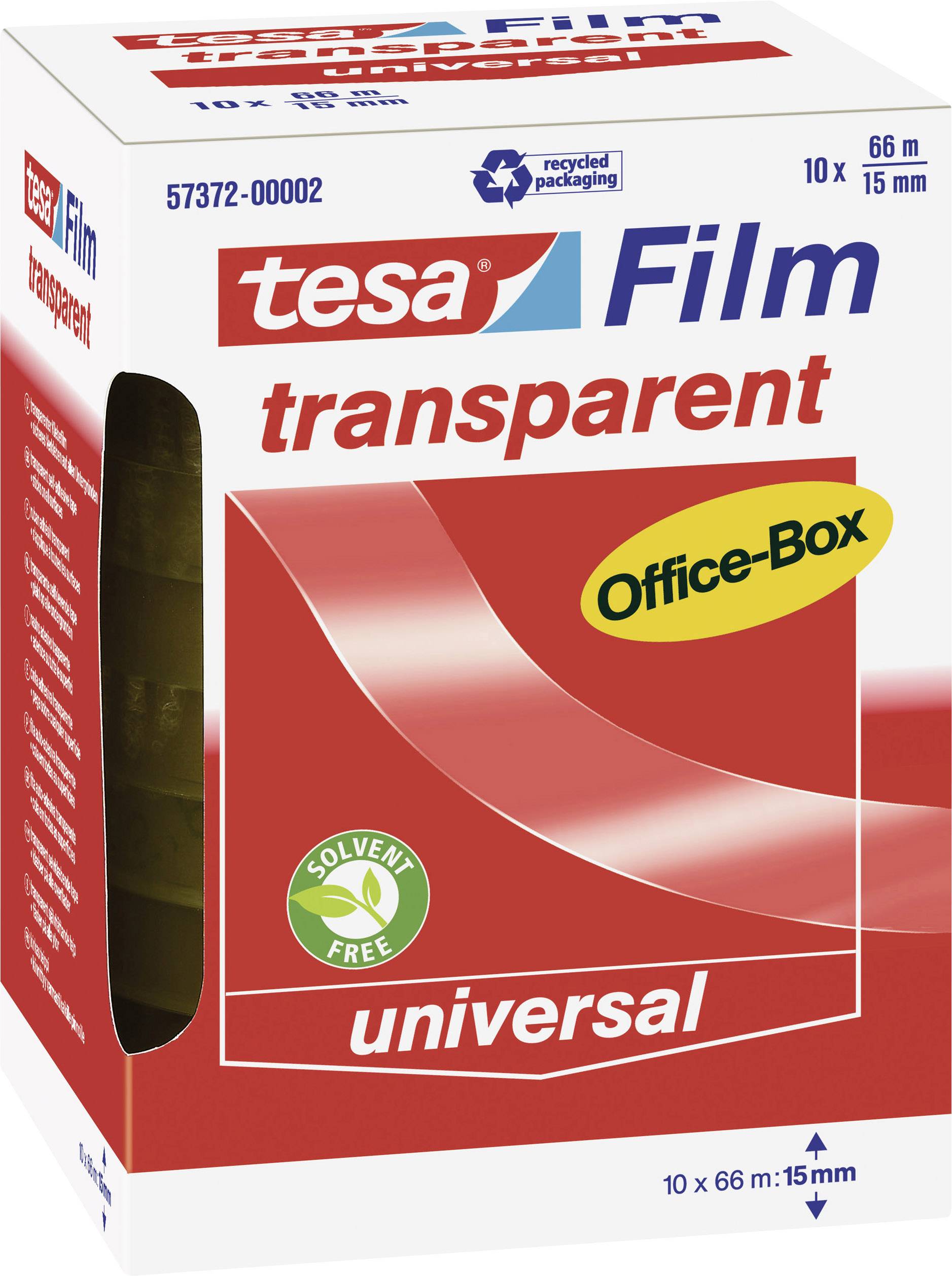 Eine rote Verpackung mit der Aufschrift 'tesa Film transparent Office-Box universal', 10 Rollen à 66m Klebeband, lösemittelfrei.