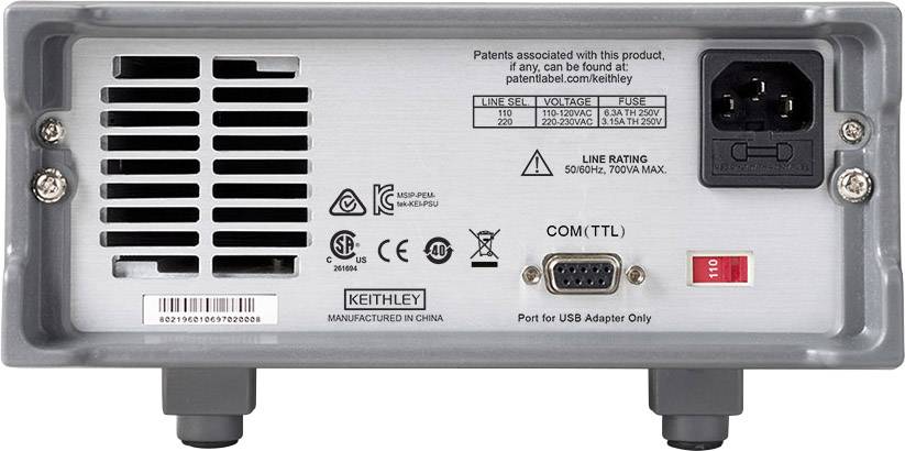 Rückseite eines Keithley-Geräts mit Lüfter, Stromanschluss, TTL-Port und Warnhinweisen. Gerät für 50/60Hz, 700W max., nur für USB-Adapter.