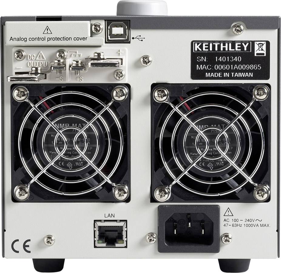 Rückansicht eines Keithley-Elektronikgeräts mit Lüftern, Netzanschluss und Schnittstellen. Geeignet für Laboranwendungen.