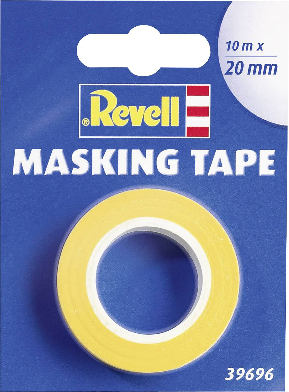 Gelbes Abdeckband von Revell, 10 m lang, 20 mm breit. Verpackung zeigt Markenlogo und Produktinformationen.