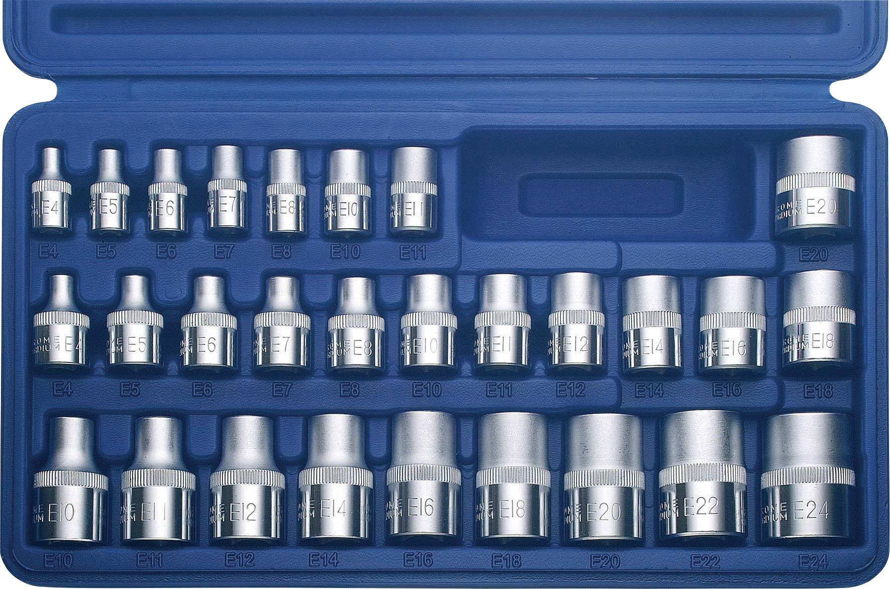 Ein Satz Steckschlüssel in einer blauen Kunststoffbox, sortiert nach Größe.