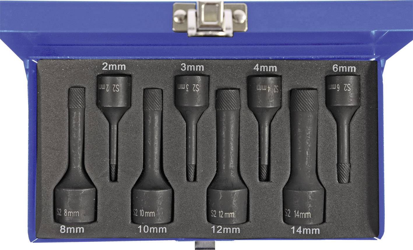 Ein Satz Sechskant-Steckschlüssel in einem blauen Etui, Größen von 2 mm bis 14 mm, ordentlich in Schaumstoff eingebettet.