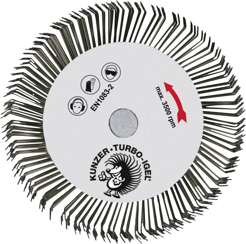 Eine rotierende Schleifscheibe mit Aufschrift 'KUNZER TURBO-IGEL', zeigt Sicherheits- und Geschwindigkeitsinformationen bis 5300 U/min.