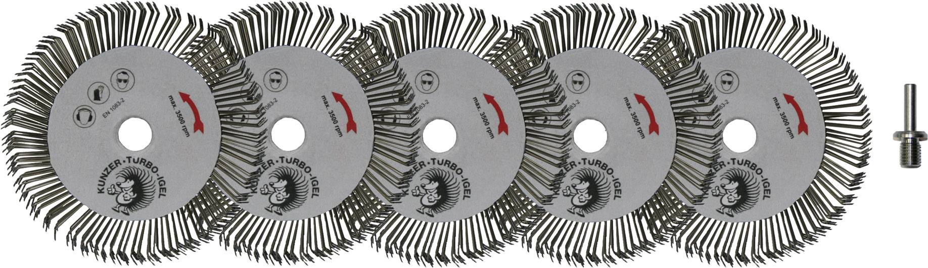 Fünf gezahnte Metalltrennscheiben nebeneinander, links mit einem kleinen Aufsatz.