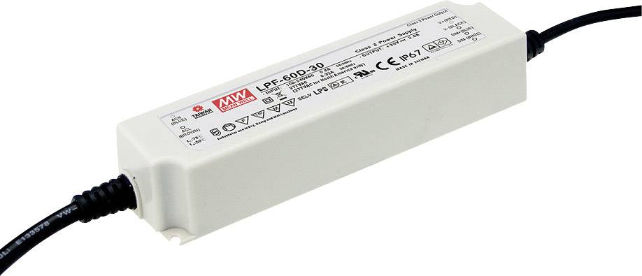 Ein rechteckiges, weißes Netzteil mit schwarzem Kabel an beiden Enden. Aufkleber zeigt Modellnummer 'LPF-60D-30' und technische Details.