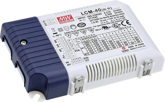 Ein LED-Treiber von MEAN WELL, Modell LCM-40, mit technischen Daten und Sicherheitszertifizierungen auf dem Etikett. Geeignet für 220-240V AC.