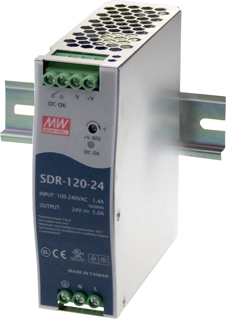 Ein SDR-120-24 Schaltnetzteil von Mean Well, befestigt an einer DIN-Schiene. Eingang: 100-240VAC; Ausgang: 24VDC, 5A.