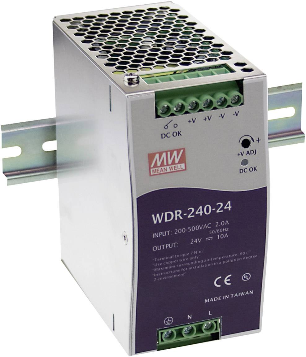Industrienetzteil von Mean Well, Modell WDR-240-24, auf DIN-Schiene montiert. Eingang: 200-500VAC, Ausgang: 24V/10A.
