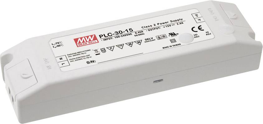 Netzteil mit Modellnummer 'PLC-30-15', Herstellerlogo, Spannung 15V/30W, Sicherheits- und CE-Kennzeichnungen, Class 2.