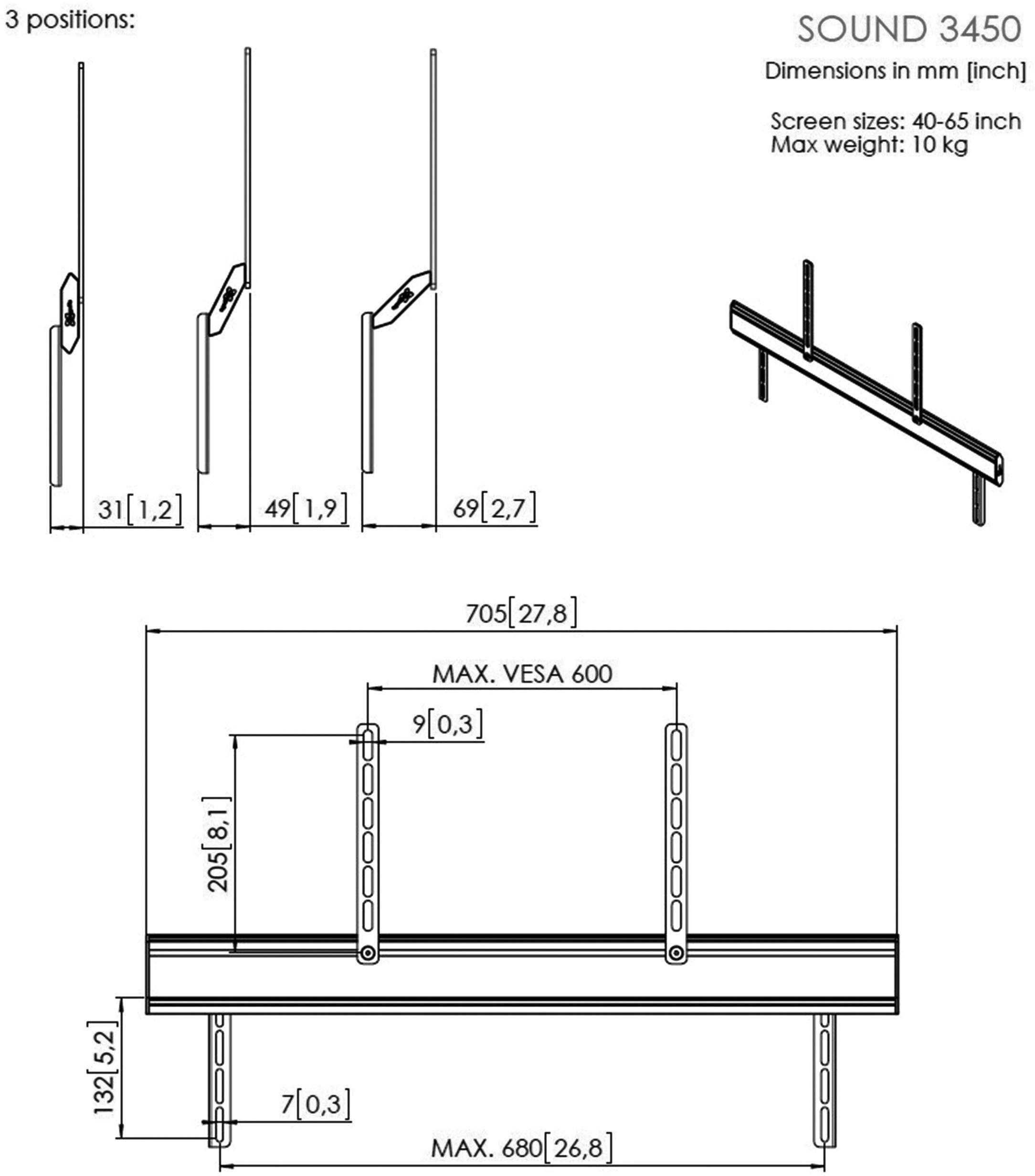 Vogel's SOUND 3450 Soundbar-Halterung Schwenkbar Wandabstand (max.): 6.9cm Silber 1St.