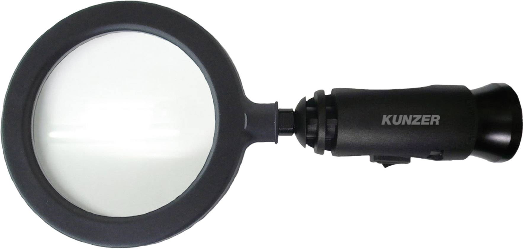 Eine schwarze Lupe mit einem runden Glas und einem Griff. Auf dem Griff steht der Schriftzug 'KUNZER'.