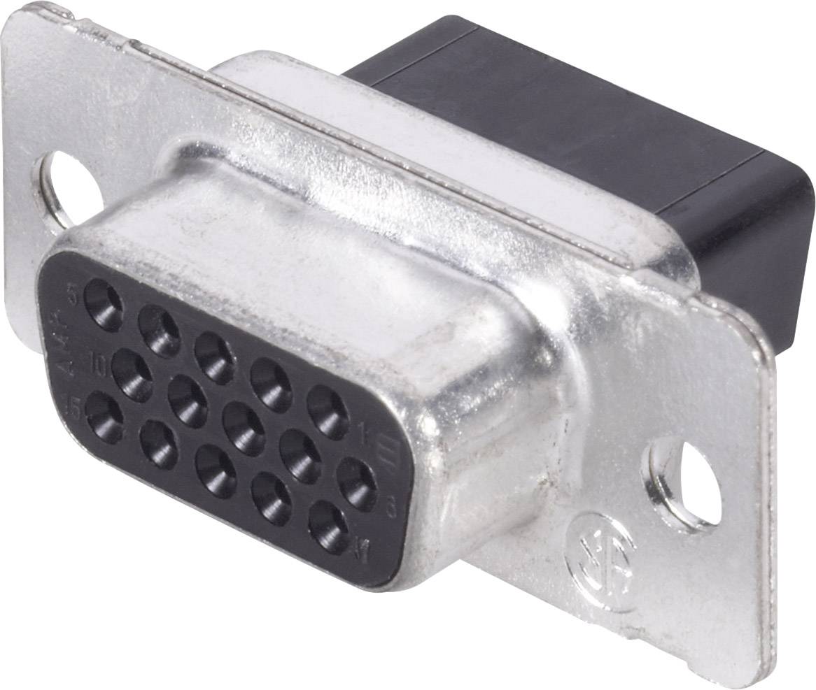 VGA-Stecker in silberner Metallfassung mit schwarzem Kunststoffgehäuse, 15 Pins in drei Reihen, seitliche Montageschlitze.