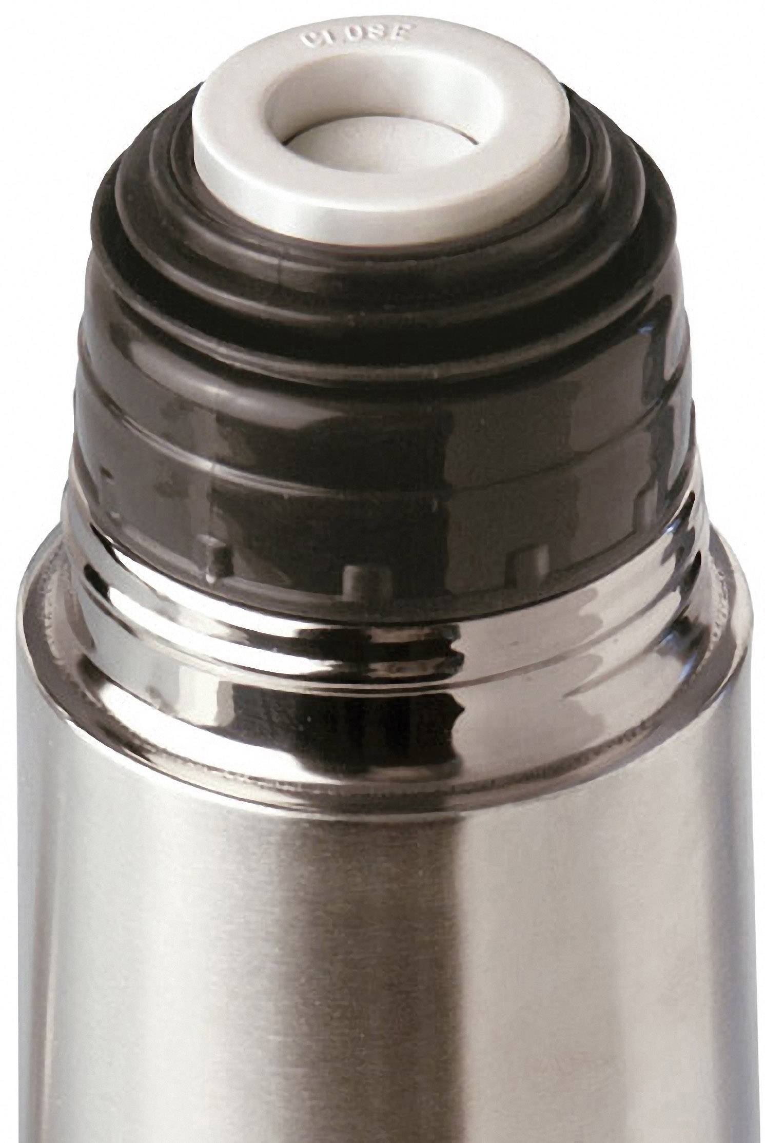 Ein Edelstahl-Isolierflaschenverschluss in Nahaufnahme, mit schwarzer und weißer Kappe zur Aufbewahrung von heißen oder kalten Getränken.