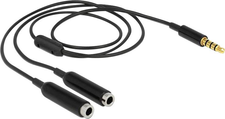 Schwarzes AUX-Y-Kabel mit einem Stecker und zwei Buchsen, geeignet zum Verbinden von Audioausgängen mit zwei Kopfhörern oder Lautsprechern.