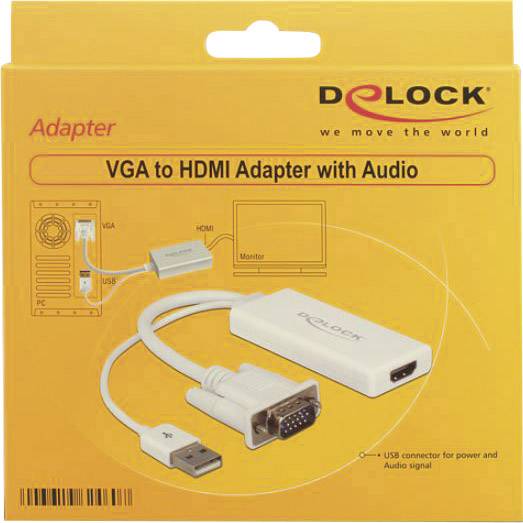 'VGA to HDMI Adapter with Audio' Verpackung zeigt Adapter mit VGA-, HDMI- und USB-Steckern, illustriert mit Anschlussdiagramm.