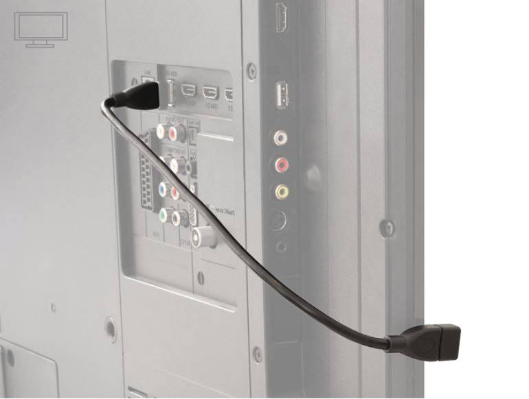 Rückseite eines Fernsehgeräts mit verschiedenen Anschlüssen einschließlich HDMI, USB und AV. Ein Kabel ist an einem Anschluss angebracht.
