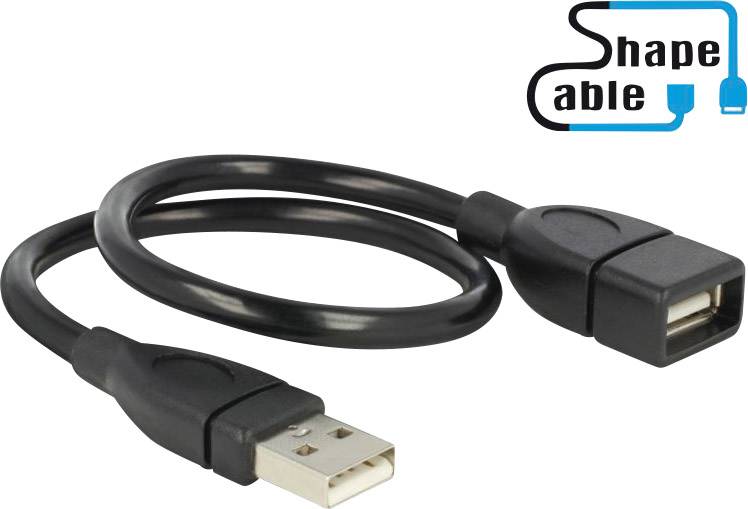 Schwarzes USB-Verlängerungskabel mit einem Standard-USB-Stecker und USB-Buchse. Oben rechts das Logo 'Shape Cable'.