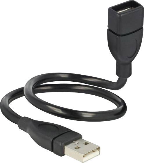 Schwarzes USB-Verlängerungskabel mit männlichem und weiblichem Stecker, zusammengewickelt in einer Schleife auf weißem Hintergrund.