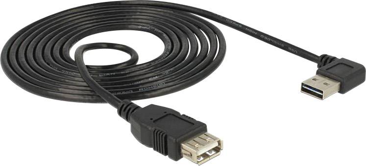 Ein langes, schwarzes USB-Kabel mit einem Standard-USB-Stecker und einer USB-Buchse, geeignet für Datenübertragung und Laden.