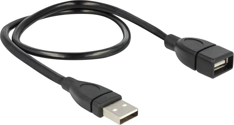 Schwarzes USB-Verlängerungskabel mit einem USB-A-Stecker auf der einen Seite und einer USB-A-Buchse auf der anderen Seite.
