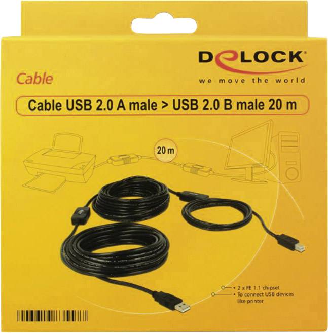 Gelbe Verpackung eines USB 2.0 Kabels, 20 m lang, mit männlichem A- zu männlichem B-Stecker. Abgebildet: Kabel und Anwendungsbeispiel.