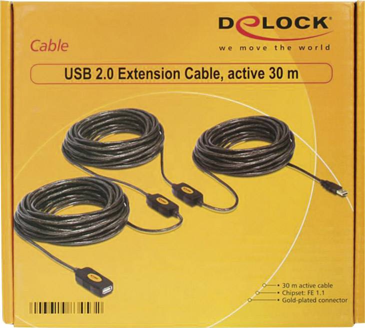 USB 2.0-Verlängerungskabel, aktiv, 30 m, abgebildet auf einer orangenen Verpackung mit Markennamen und technischen Details.