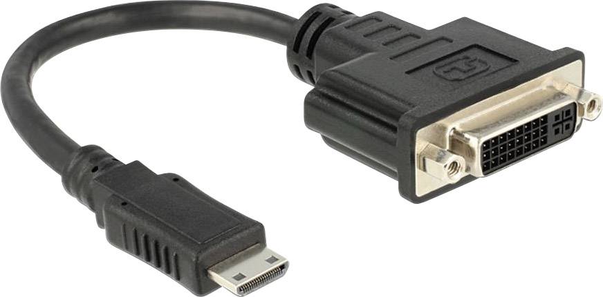 Ein schwarzes Kabel mit einem HDMI-Stecker auf der einen und einem DVI-Adapter auf der anderen Seite, verwendet für Videoverbindungen.