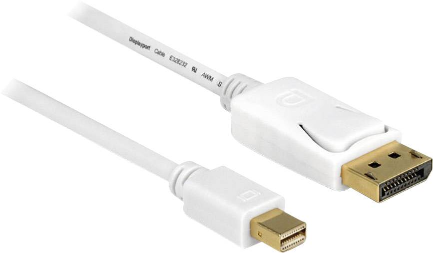 Ein weißes DisplayPort-Kabel mit einem Mini DisplayPort-Stecker auf der einen Seite und einem DisplayPort-Stecker auf der anderen.