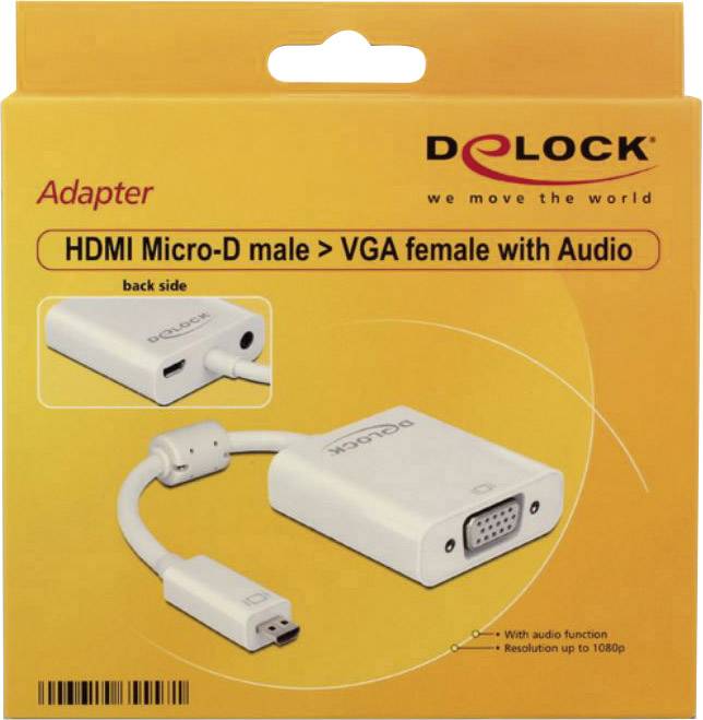 Delock 65557 HDMI / VGA / Klinke Adapter [1x HDMI-Stecker D Micro - 1x VGA-Buchse, Klinkenbuchse 3.5 mm] Weiß mit Ferritkern 0.17m