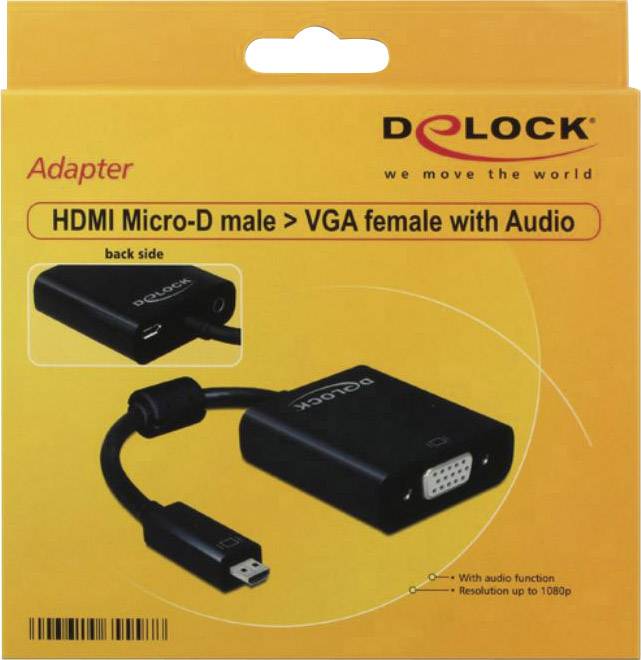 Delock 65558 HDMI / VGA / Klinke Adapter [1x HDMI-Stecker D Micro - 1x VGA-Buchse, Klinkenbuchse 3.5 mm] Schwarz mit Ferritkern 0.17 m