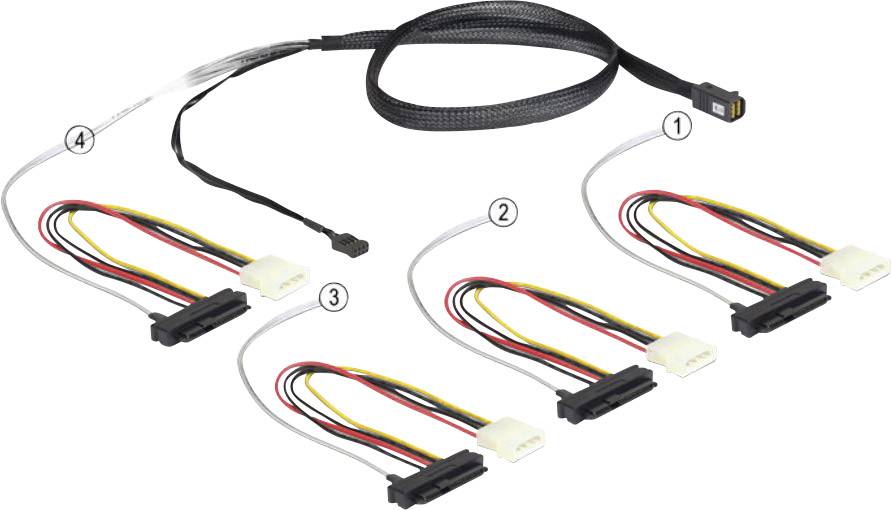 Delock Festplatten Anschlusskabel [1x Mini SAS-Stecker (SFF-8087) - 4x SAS-Buchse (SFF-8482), Molex 4pol Buchse] 0.50 m Schwarz, Weiß