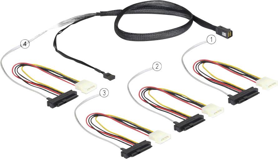 Delock Festplatten Anschlusskabel [1x Mini-SAS-Stecker (SFF-8643) - 4x SAS-Buchse (SFF-8482), Molex 4pol Buchse] 1.00m Schwarz