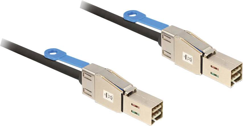 Zwei metallische Datenkabel mit blauen Zuglaschen, vermutlich für Hochgeschwindigkeitskommunikationstechnologie, auf weißem Hintergrund.