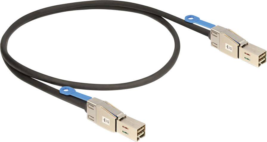 Ein SAS-Kabel mit zwei Steckern und blauen Clips an den Enden, verwendet zur Datenübertragung in Computerspeichernetzwerken.