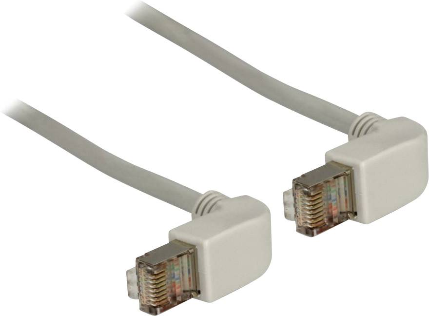 Zwei abgewinkelte Ethernet-Kabel mit transparenten Steckern und grauen Umhüllungen sind zu sehen.