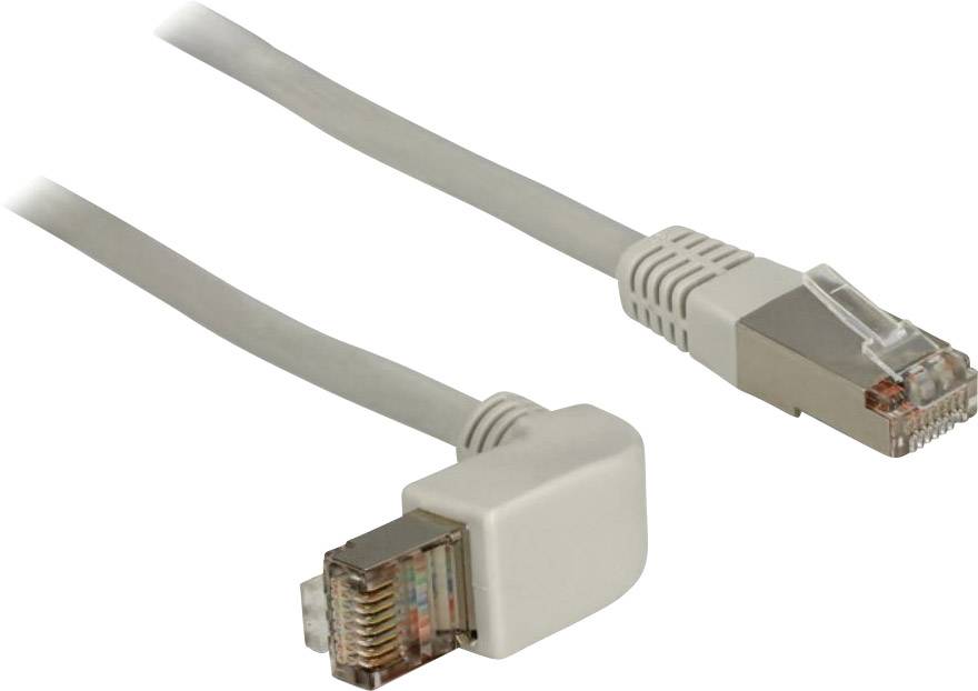 Zwei graue Ethernet-Kabel: eines mit geradem, das andere mit um 90 Grad abgewinkeltem Stecker.