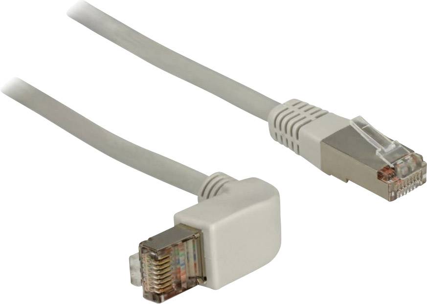 Ein Ethernet-Kabel mit einem normalen und einem rechtwinkligen Stecker, geeignet für Netzwerkinstallationen bei geringem Platz.