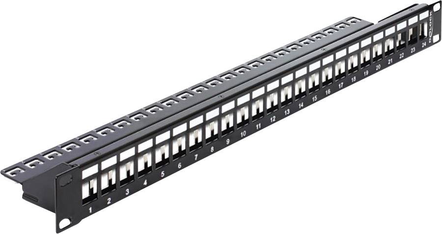 Patchpanel mit 24 Ports, nummeriert von 1 bis 24. Es dient zur Organisation und Verbindung von Netzwerk- und Telekommunikationskabeln.