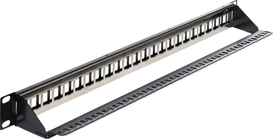 Ein leerer schwarzer Patchpanel-Rahmen mit mehreren Ports, bereit zur Installation von Netzwerkkomponenten, horizontal angeordnet.