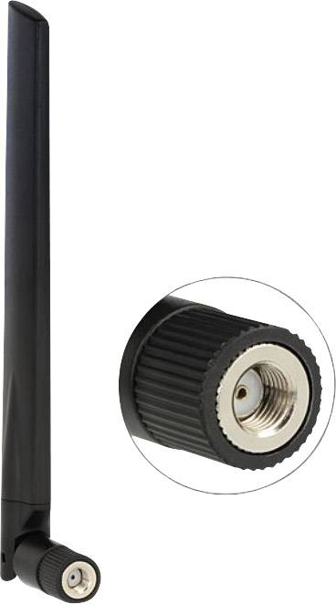 Eine schwarze Wi-Fi-Antenne mit Anschlussstück. Ein Kreis vergrößert das Gewinde-Detail am unteren Ende der Antenne.