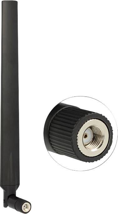 Eine schwarze Antenne mit abgeschraubter Basis, zeigt das Gewinde und den Anschluss.