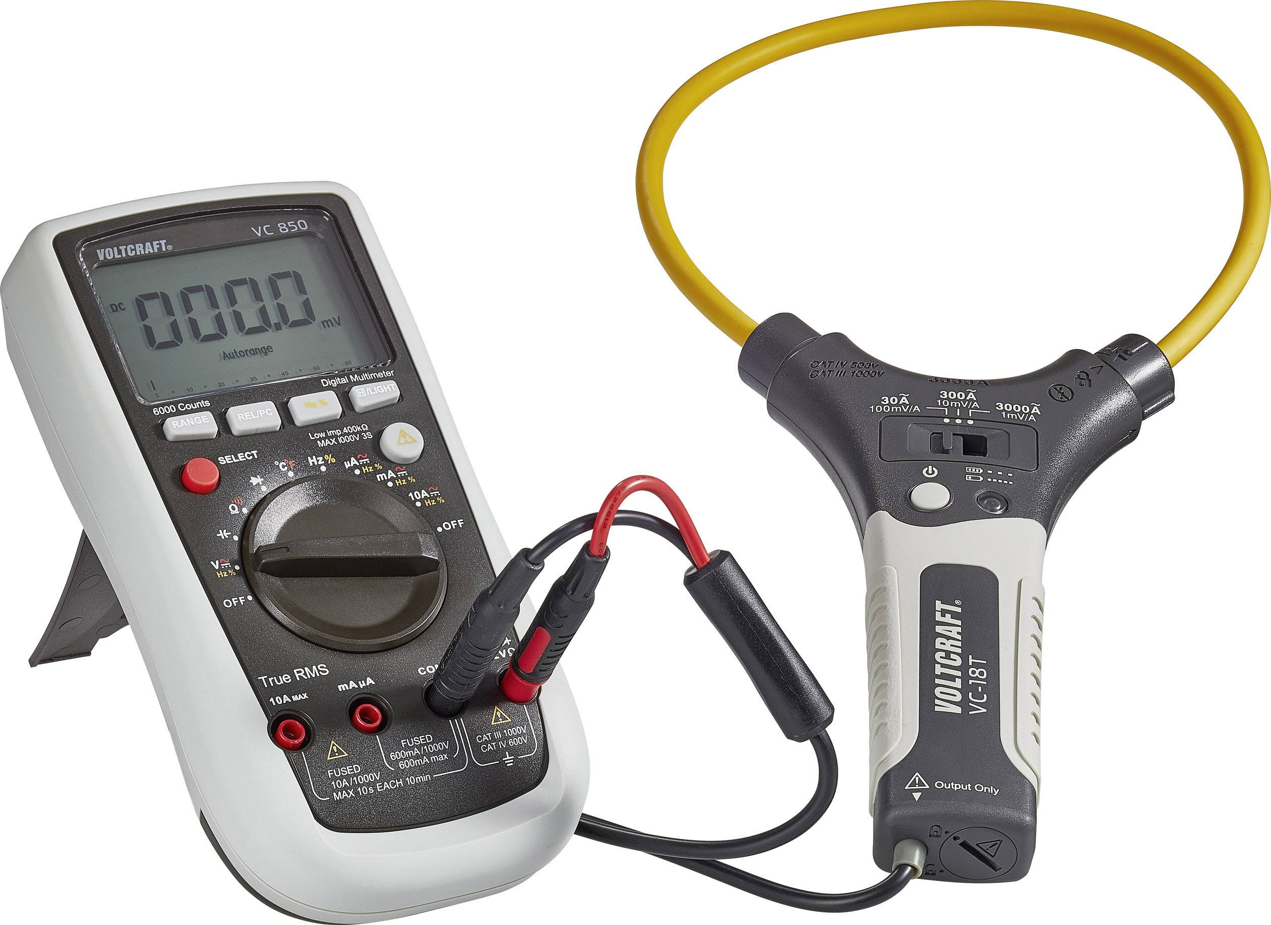 Ein digitales Multimeter mit flexibler Strommesszange, geeignet zur Messung von Spannung, Widerstand und Strom bis 300 A.