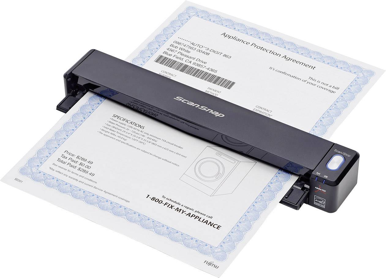 Ein Scanner scannt zwei Dokumente: Ein Vertrag mit blauen Rändern und eine Spezifikation mit Produktbild und Telefonnummer.