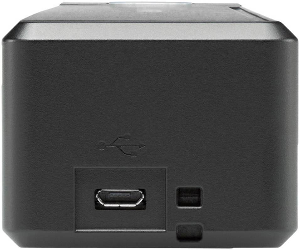 Schwarzes elektronisches Gerät mit USB-Anschluss an der Seite, symbolisiert durch ein USB-Symbol oberhalb des Anschlusses.
