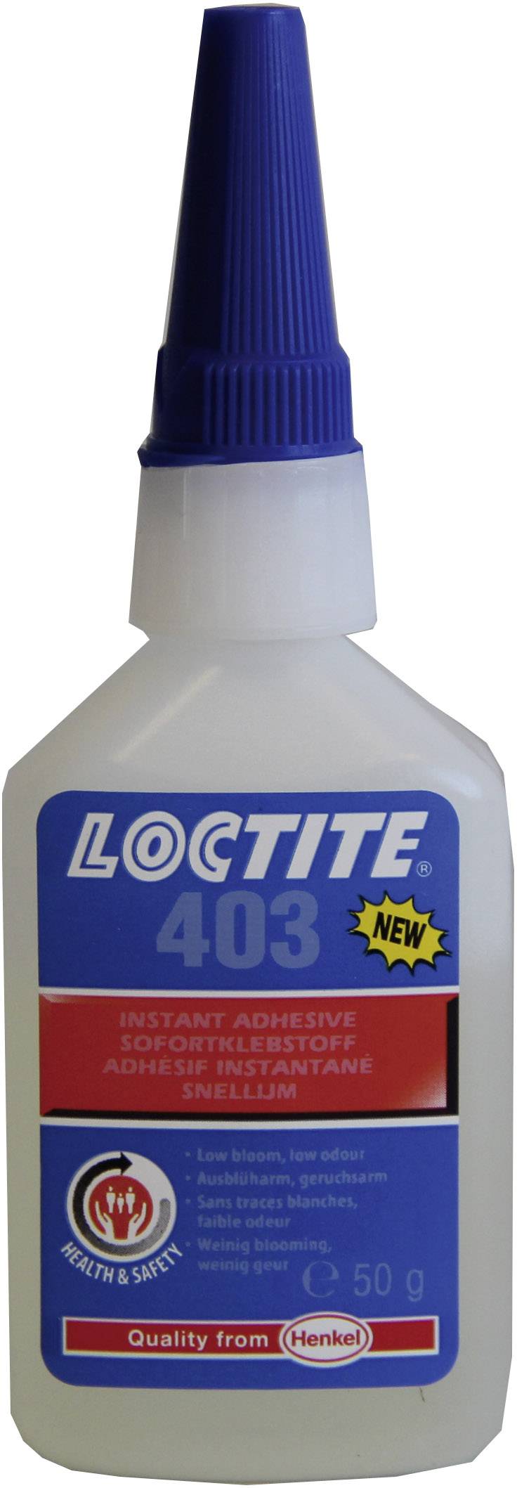 Eine Flasche Sekundenkleber der Marke Loctite 403 mit blauem Deckel und rotem Etikett. Enthält 50 g Klebstoff für schnelle Verbindungen.