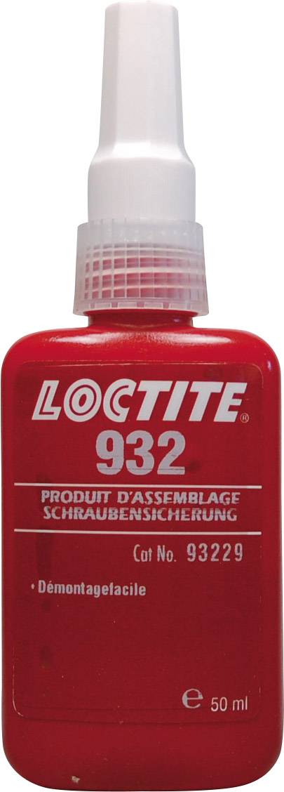 Rote Flasche mit Schraubensicherung 'Loctite 932'. Produkt zur Fixierung von Schrauben. Füllmenge 50 ml.